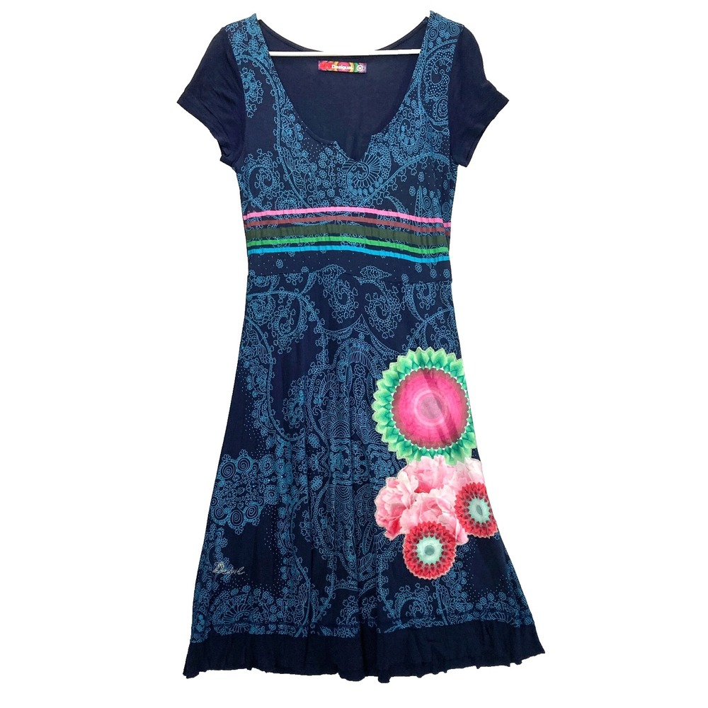 Vtg Y2k Desigual Dress Womens S M Paisley Glitter Mixed Media Colorful Retro